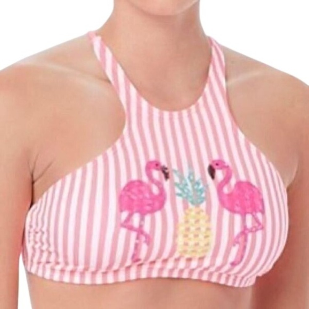 Coco Rave Tropi Glow Pink Striped Flamingo Halter Bikini Top Size XL 38C